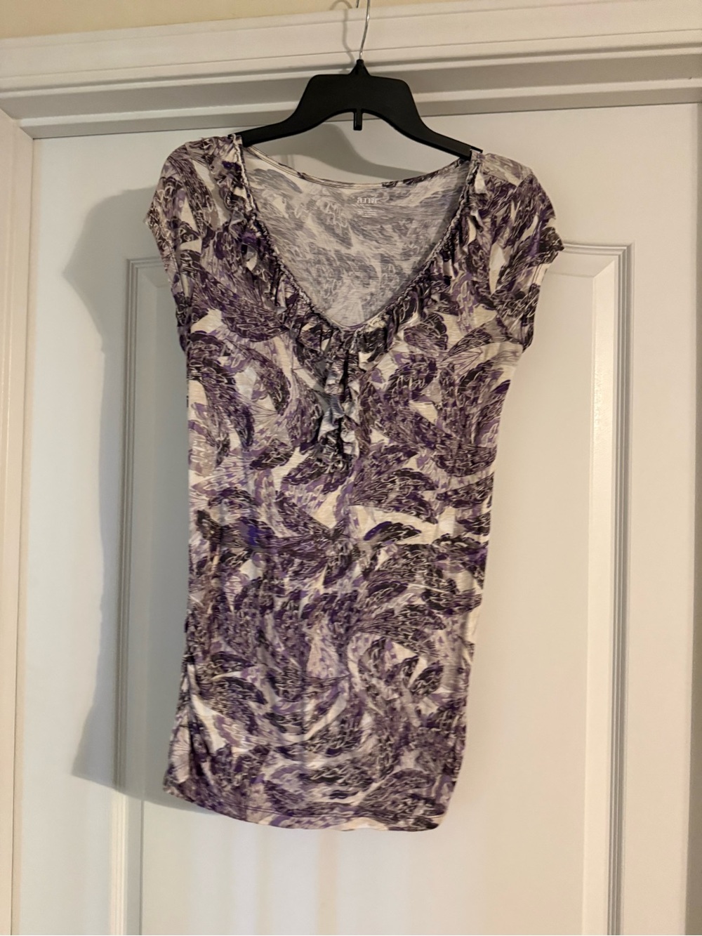 a.n.a Purple & White Short Sleeve Ruffle V-Neck Top